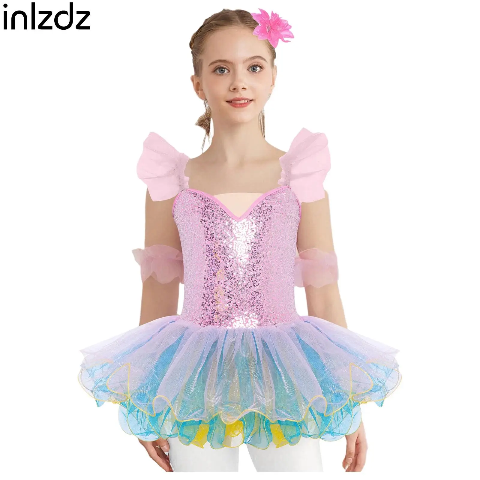 

Kids Girls Adjustable Straps Professional Ballet Dance Costume Sequins Dress+Headwear+Cuffs Set Ice Skating Performance Costumes