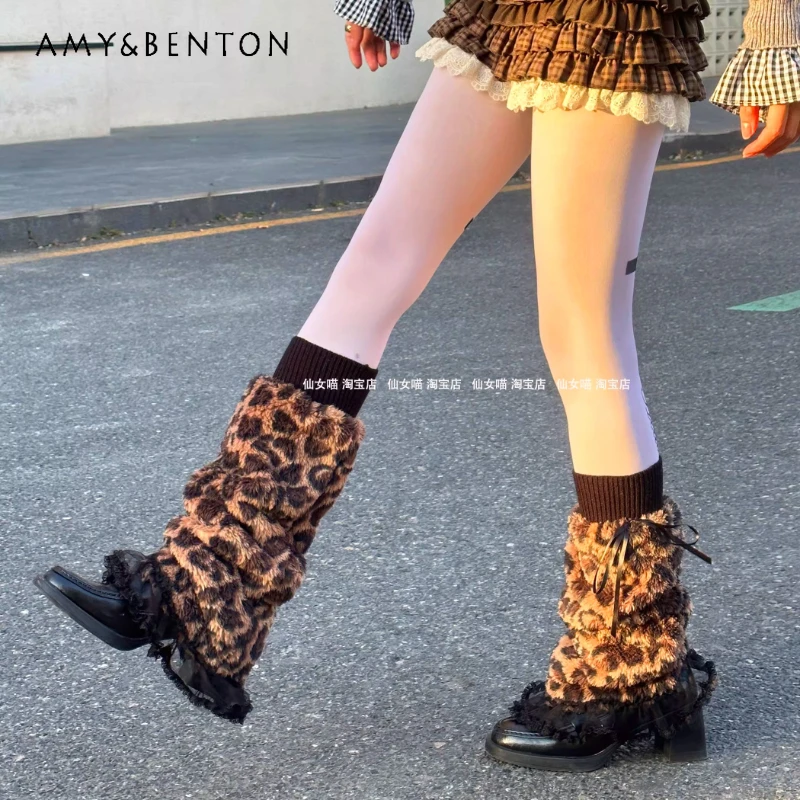 

Vintage Y2K Sweet Cool Leopard Print Lace Women's Slouch Socks 2025 Winter Subculture Hot Girl Warm Thicken Leg Warmers Ladies