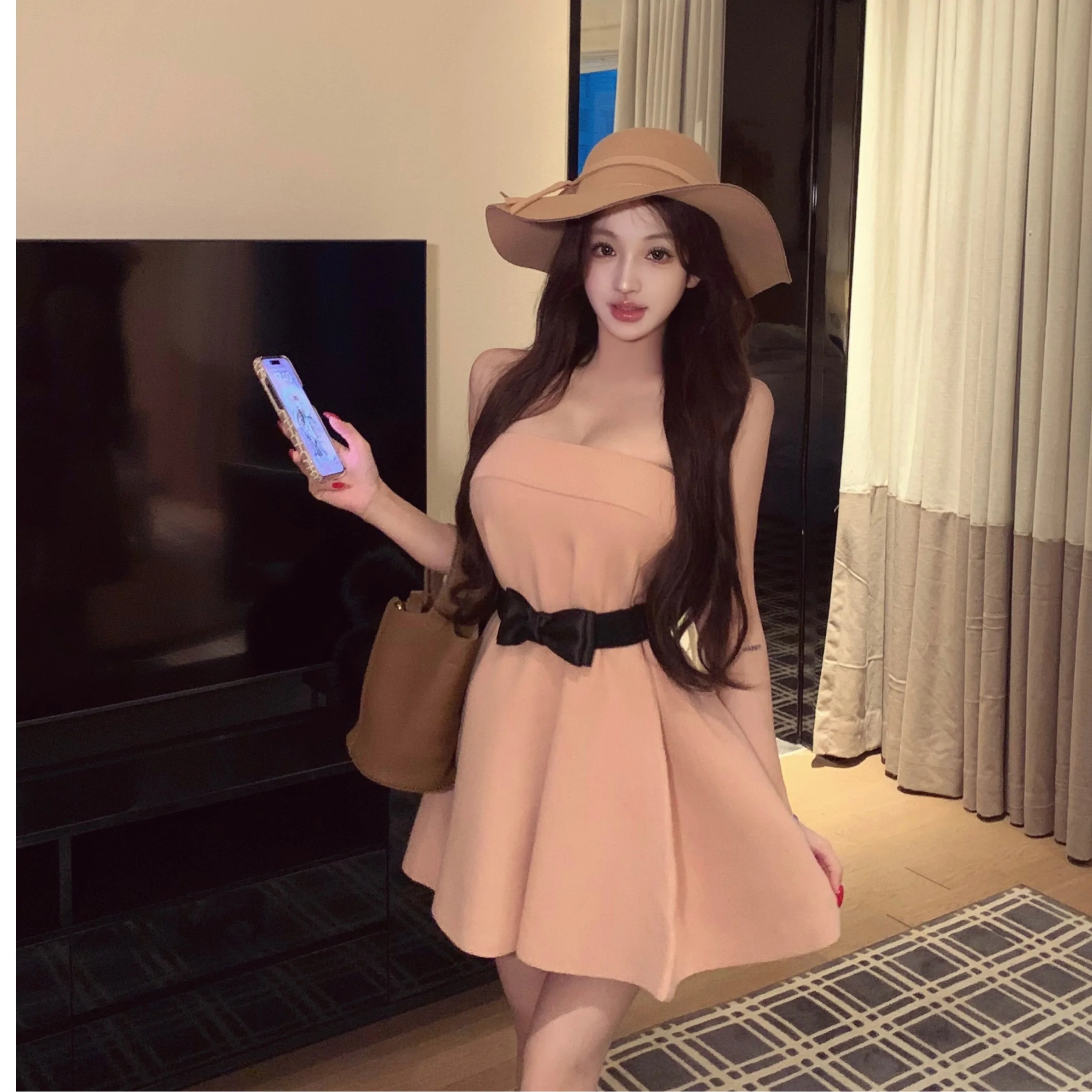 

Sexy ort Knitted Dr with Waist-Cinching Bow Detail High Waist ort Skirt for Autumn Winter Seasonal Faion Ladies Dr