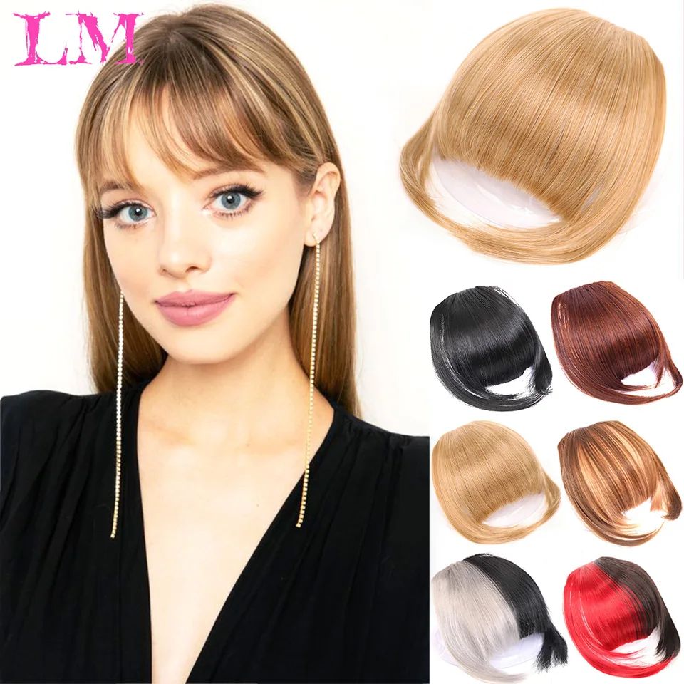 LM ธรรมชาติสังเคราะห์ตรง Blunt Bangs เส้นใยอุณหภูมิสูงสีน้ำตาลผู้หญิงคลิปใน Full Bangs Fringe ผม6นิ้ว