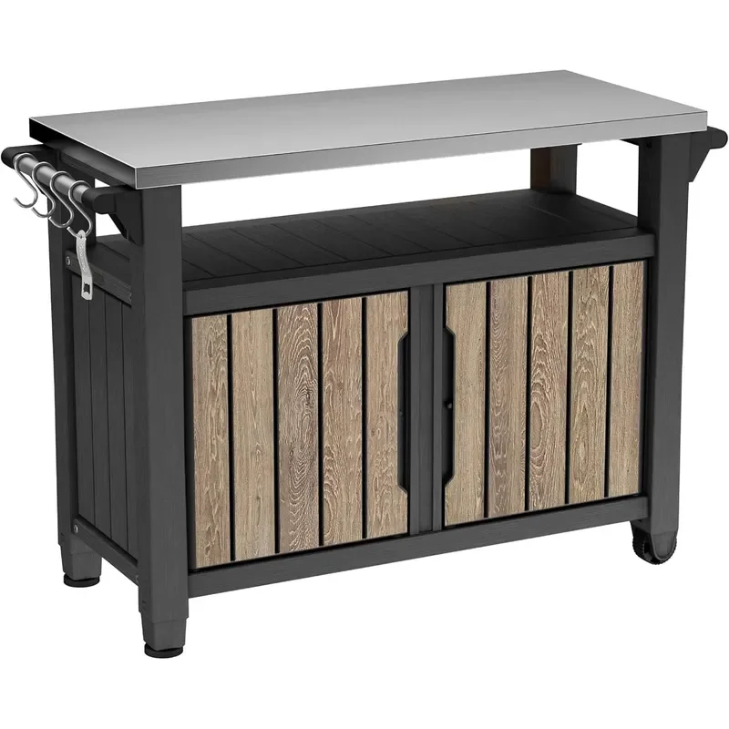 Unity XL Outdoor Entertainment Cart with Wood Look Finish 78 Gallon Patio Storage Cabinet Food Prep Station Stainless Steel