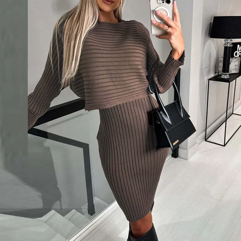 Women\'s Knitted Sweater Skirt Two Piece Set Women O-Neck Elegant Tops Female Sexy Skit Skirts Suits Office Lady Knitting Outfits