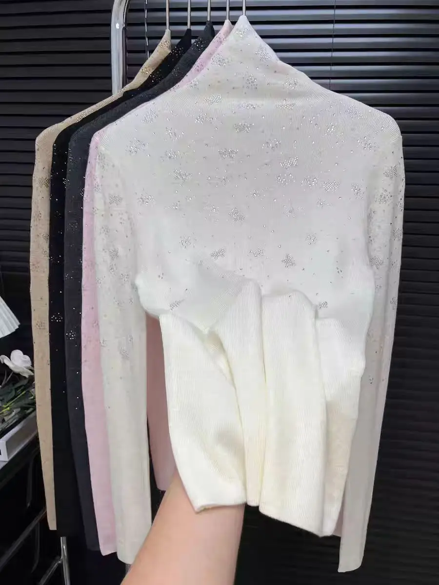 

Luxury Sparkle Diamonds Hot Drilling Sweater Women Autumn Winter Turtleneck Slim Fit Knitwear Top Knitted Bottoming Pullovers