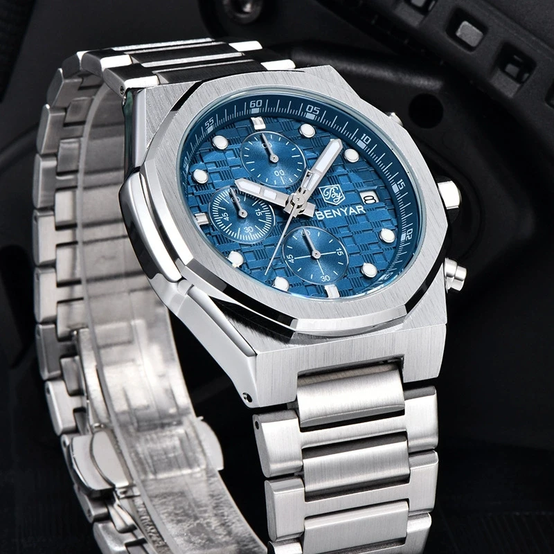 BENYAR 5216 модные кварцевые часы для мужчин, многофункциональные водонепроницаемые стальные ремешки с календарем, светящиеся элегантные деловые мужские часы
