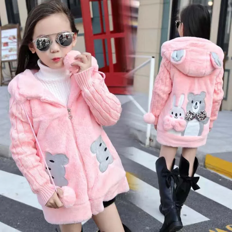 Winter Teenager Girls Woolen Outerwear Coat Rabbit Bear Jacket Hooded Children Thick Sweater Velvet Overall Clothes for 4 6 8 12