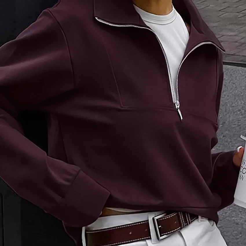 캐주얼 긴 소매 후드티 여성 가을 의류 빈티지 스타일 와인 레드 컬러 스웨트셔츠 여성용 풀오버 하프 지퍼 스트리트웨어