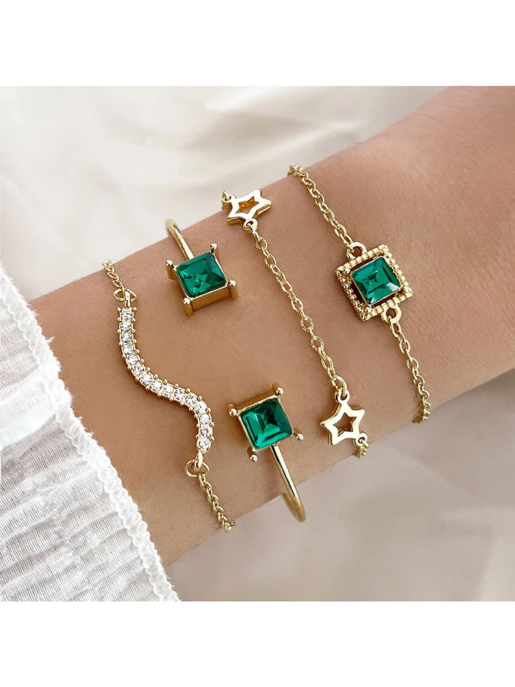 Trendy 4Pcs/Set New Green Gemstone Geometry Star Chain Bracelet For Women Fashion Wedding Party Gift