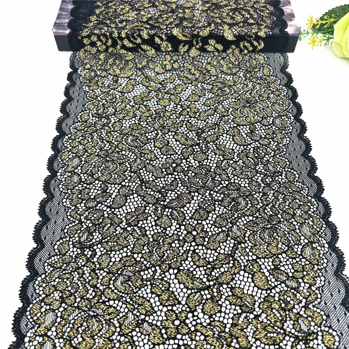 3y/lot Width 22cm Black Golden Shimmer Elastic Lace trim Skirt Hem Underwear Sewing Craft DIY Apparel Fabrics Lace Lingerie