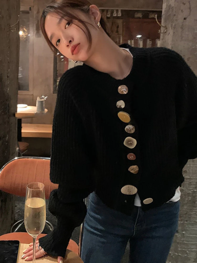 Korobov Gentle O Neck Cardigan Irregularity Button Crop Top Y2k Womens Clothing Vintage Sweater Korean Fashion Sueters De Mujer