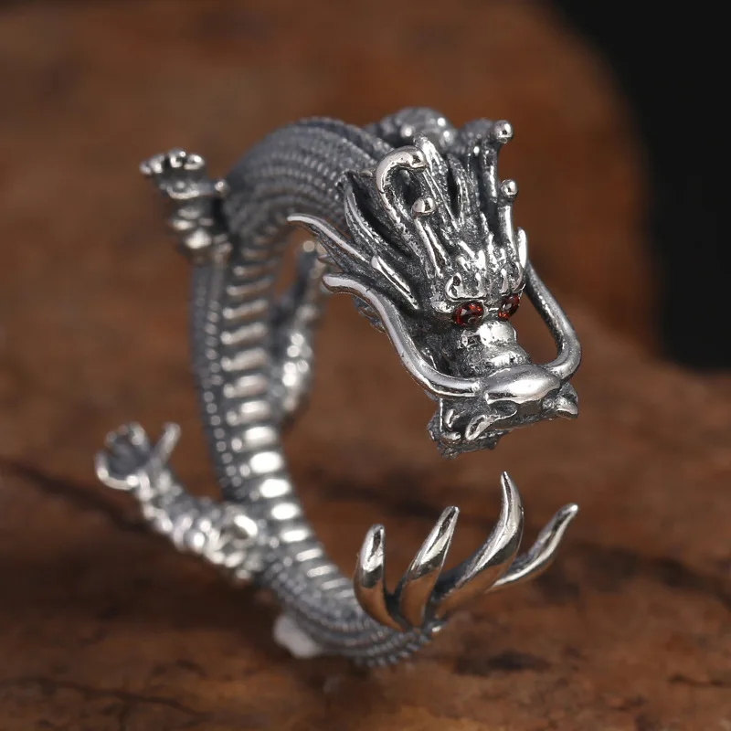 S925 Sterling Silver faShion jewelry japaneSe and korean thai Silver men'S domineering dragon Simple one-Size-fitS-all open ring