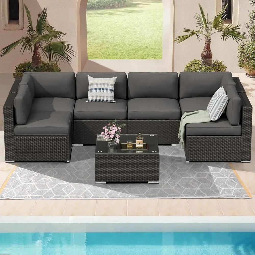 

7-Piece Patio Furniture Set, All-Weather Conversation Set, PE Wicker Rattan Outdoor Sectional Couch with Glasstop Table