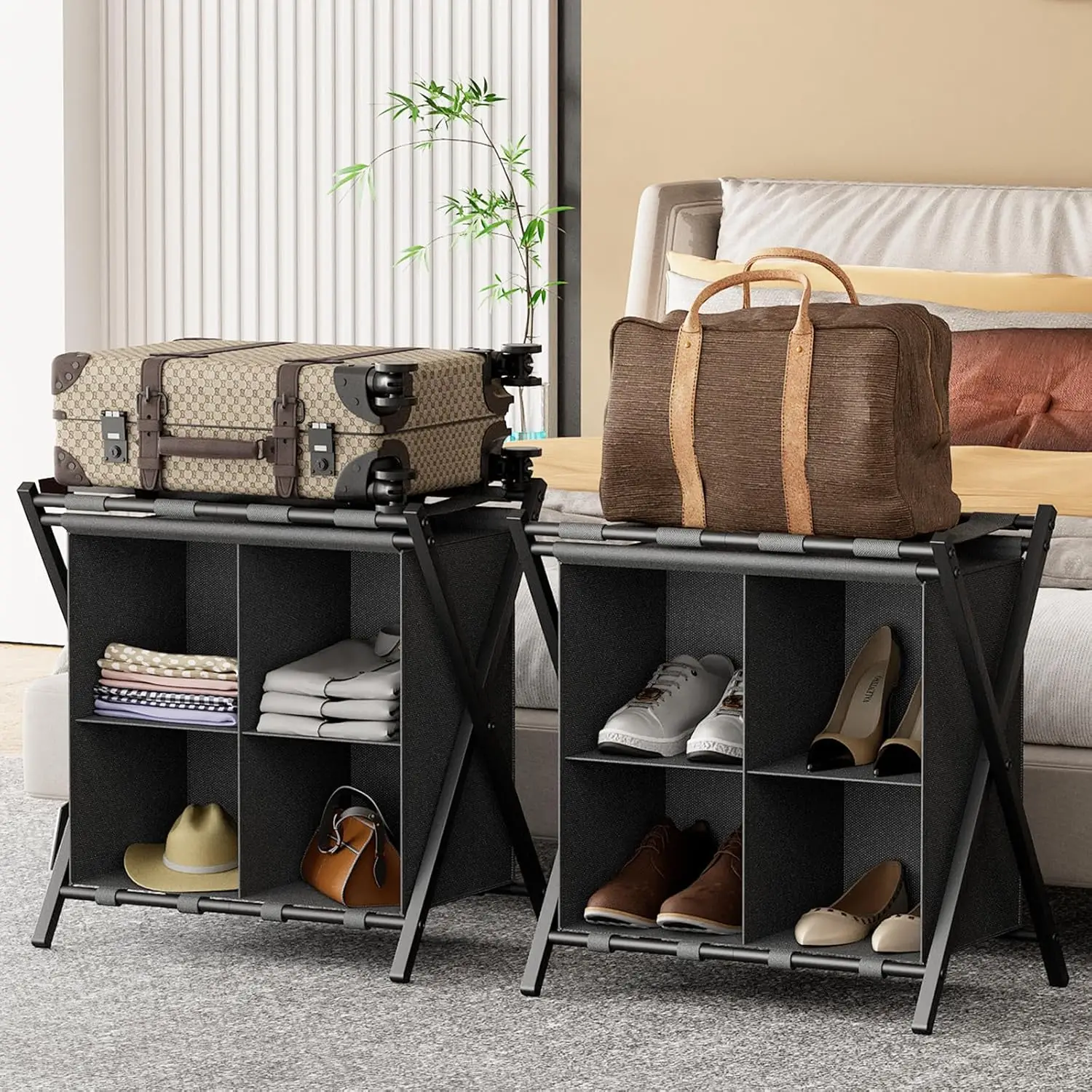 

Folding Luggage Rack Set of 2 with Storage Shelf, Sturdy Steel Frame for Guest Room, Bedroom, Hotel in Black