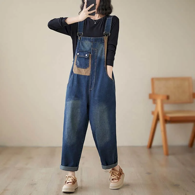 Denim Jumpsuits for Women Korean Style Rompers Solid Casual Vintage Playsuit Straight Harem Pants Patchwork Design Women Clothes