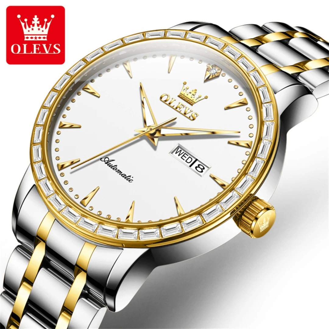 

OLEVS 7019 Classic Mechanical Watch Gift Round-dial Stainless Steel Watchband Week Display Calendar Luminous