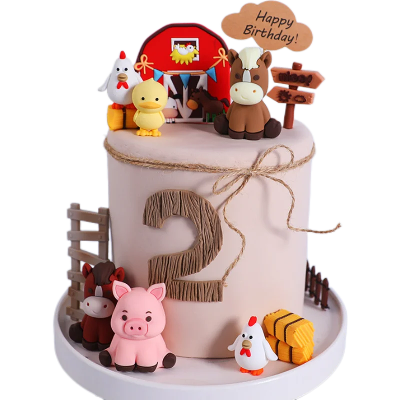 Happy Farm Cake Decoration Farm Critters Cake Topper Horse Chickens Piglet Farm Cabins Boy Girl One Birthday Cake Decorations