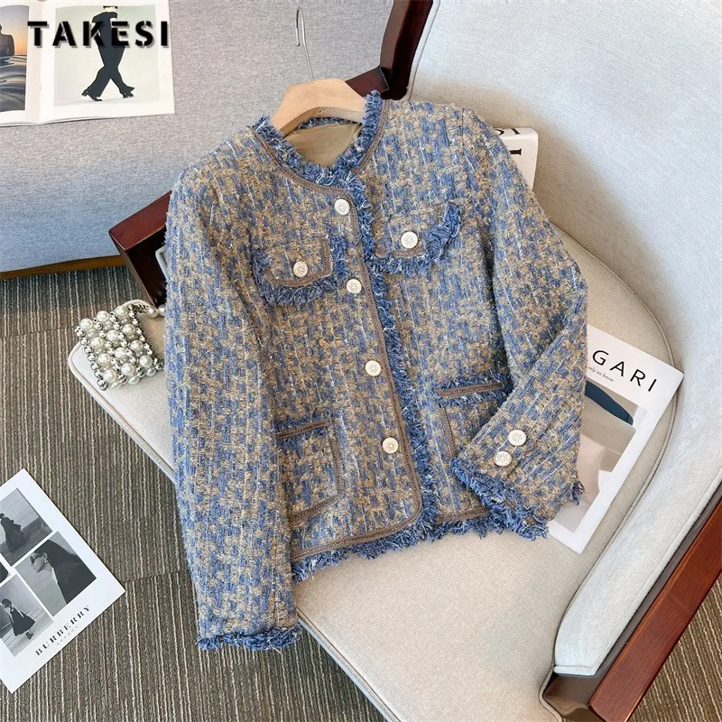 

2023 Autumn Winter Korean Vintage Single Breasted Round Neck Plaid Jacket For Women Outwear Casual Fashion Slim Luxury Coat