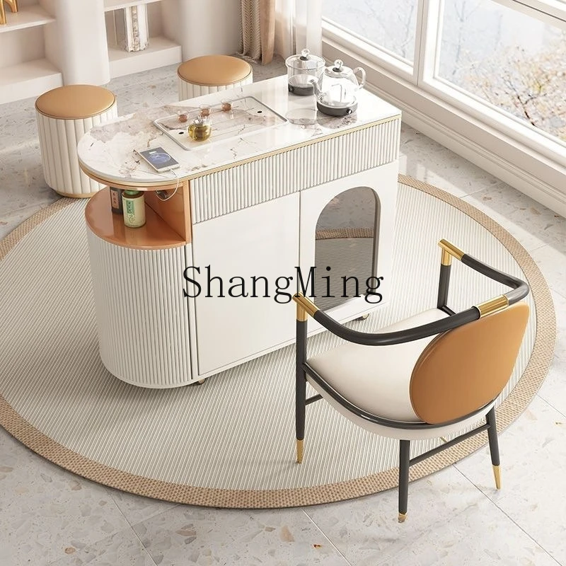 CLwater rock slab tea table simple living room tea cart cream wind movable tea table household balcony automatic boiling