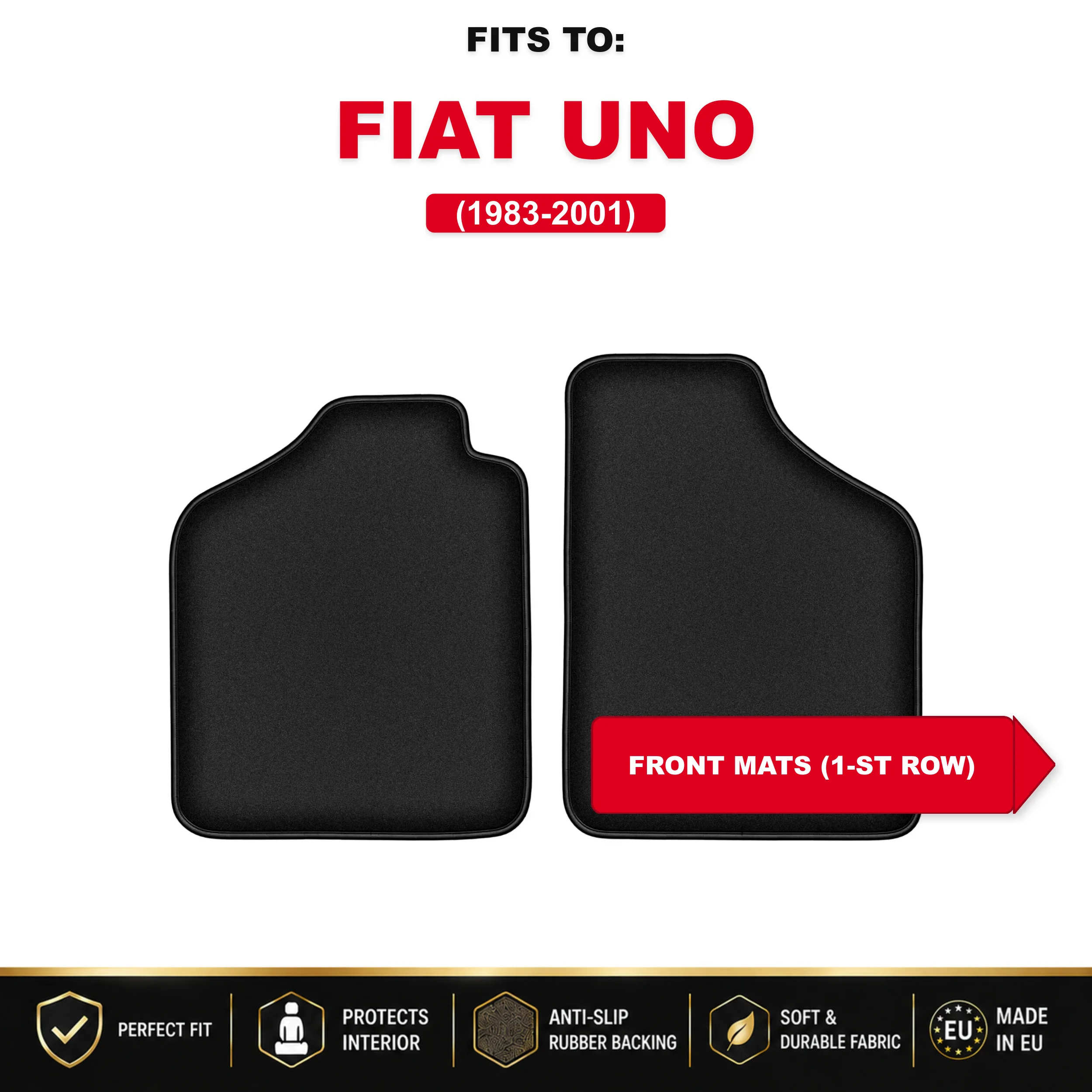 Voorste velours vloermatten, zwart, 2 stuks. Voor: Fiat Uno 1983-2001 hatchback set auto vloermatten voor de voorkant van de auto