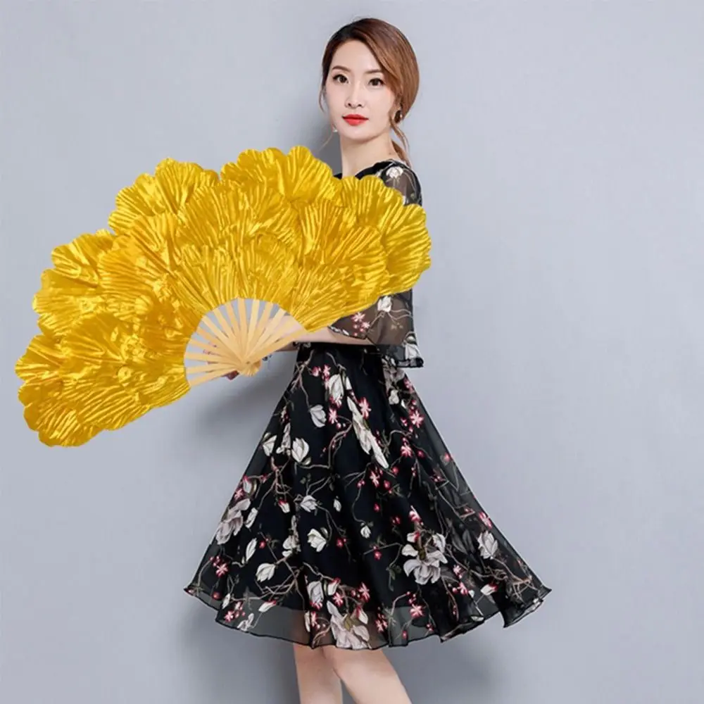 Portable Folding Belly Dancing Fan 38cm/45cm Long Imitation Long Silk Fans Peony Peacock Silk Fans Square Dancing