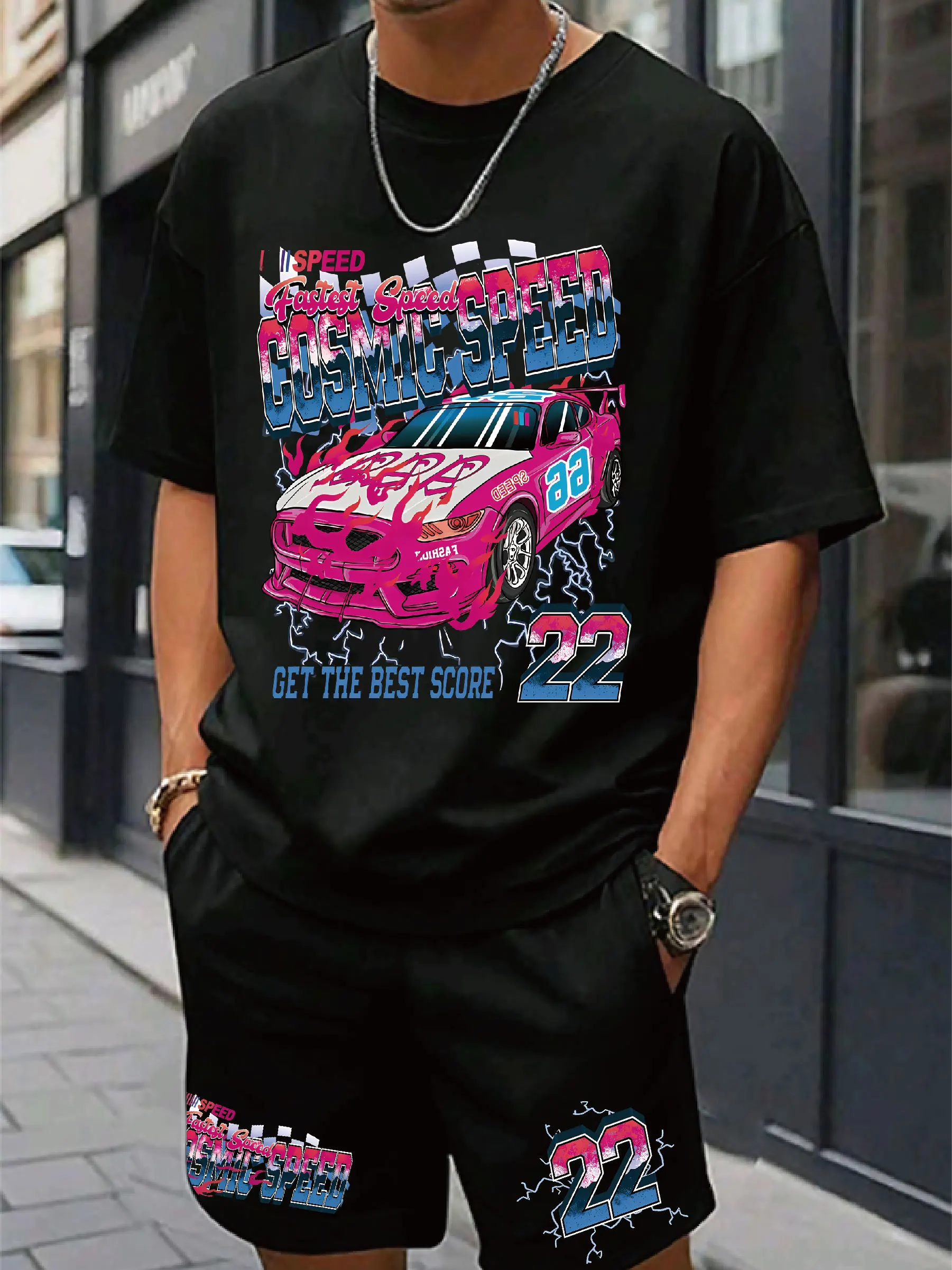 

Short-sleeved T-shirt Pink Universe Speed ​​Racing Print Text Suitable for Racing Enthusiasts