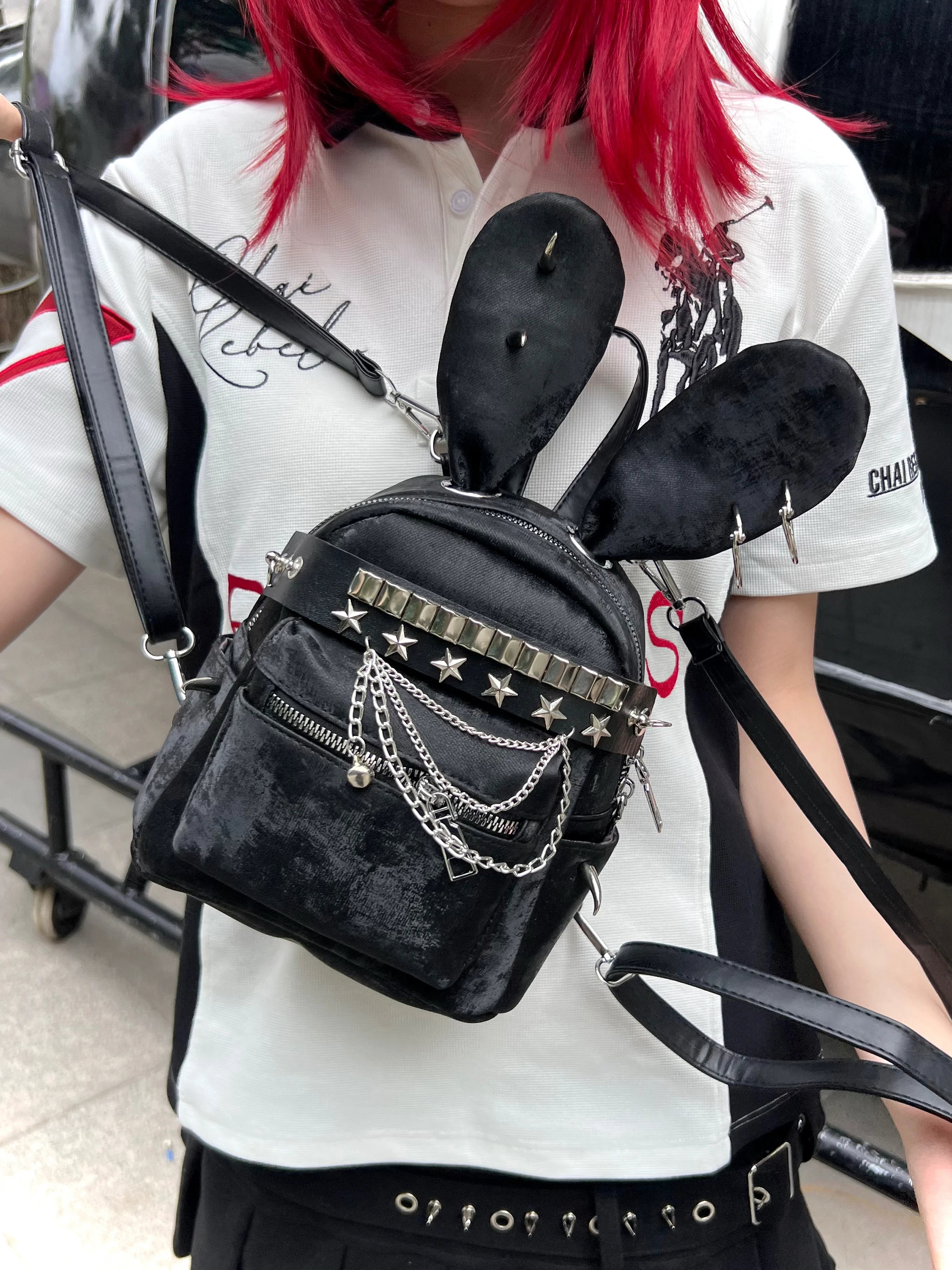 Y2K Subculture Original Japanese Punk Dark Rivet Backpack Sweet Cool Hot Girl Cartoon Bunny Ears Versatile Commuter School Bag