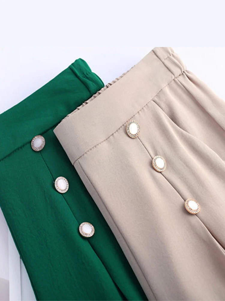 Double-breasted Cotton Linen Wide Leg Pants Women Casual High Waist Ankle-length Pantalones New Fashion Baggy Straight Trousers