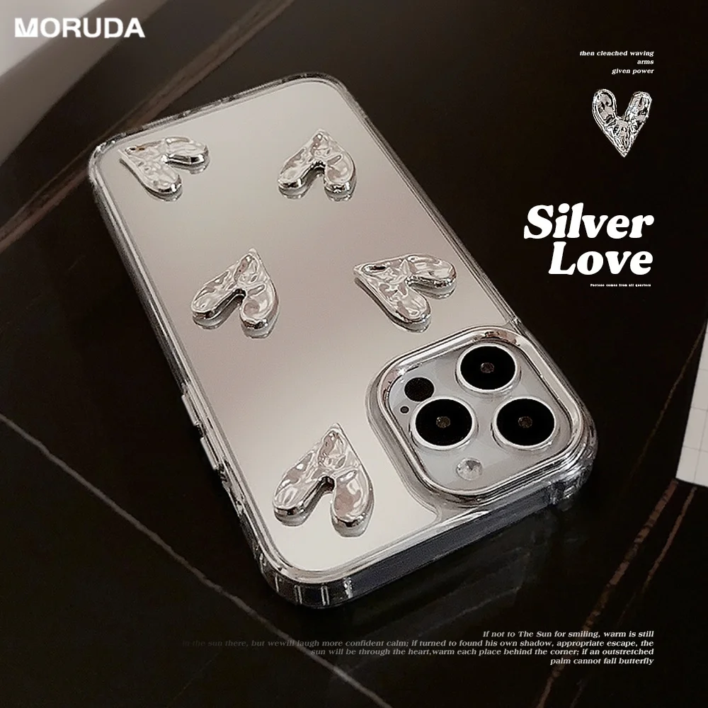 Luxury Plating 3D Heart Case For iPhone 14 Pro 13 12 11 15 Pro Max Electroplated Mirror Phone Case For iPhone 15 Pro Hard Cover