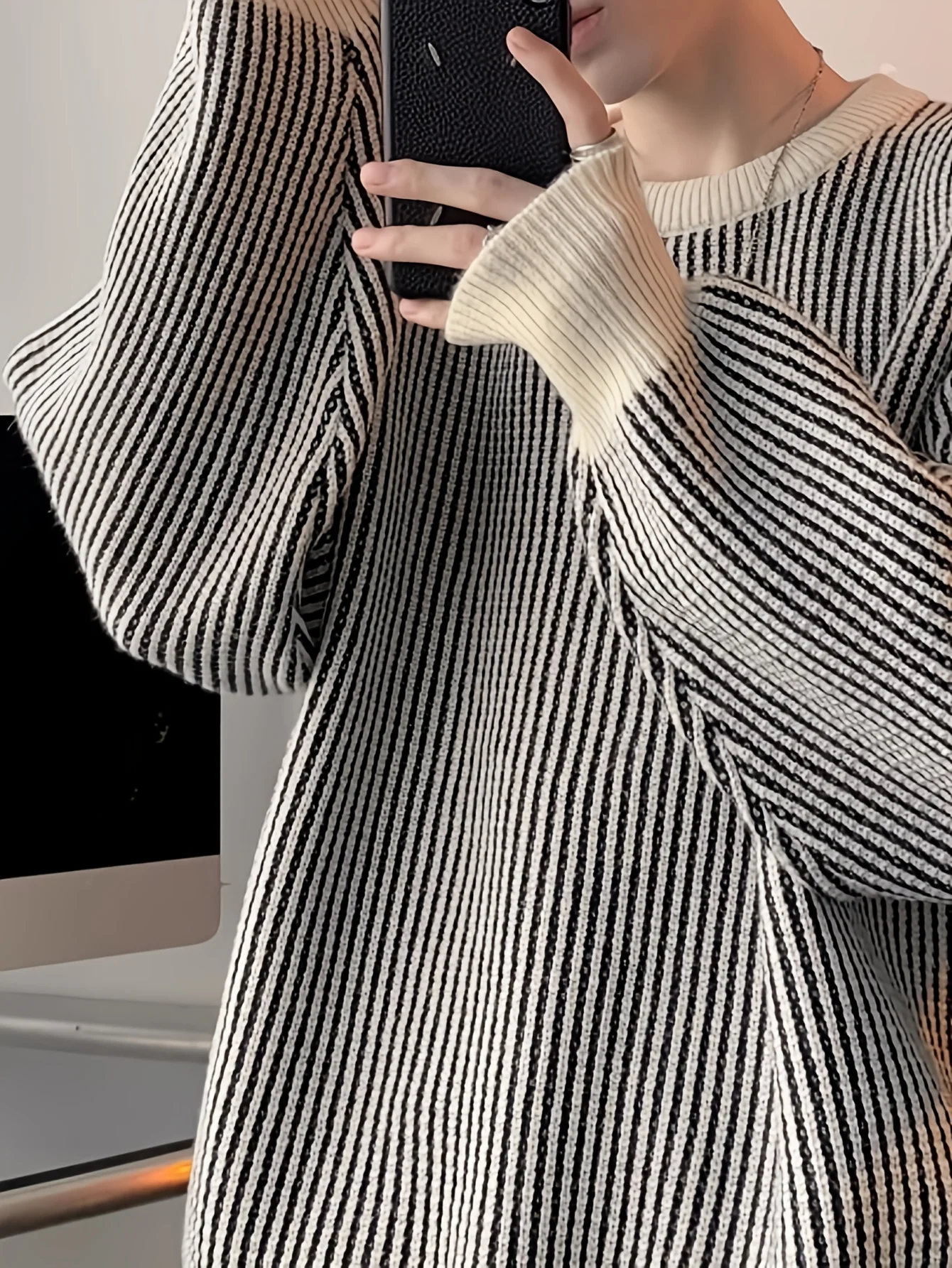 LVLAEA Pullover lavorato a maglia a righe intrecciate autunno inverno, girocollo a maniche lunghe da uomo, top streetwear allentato casual stile pigro