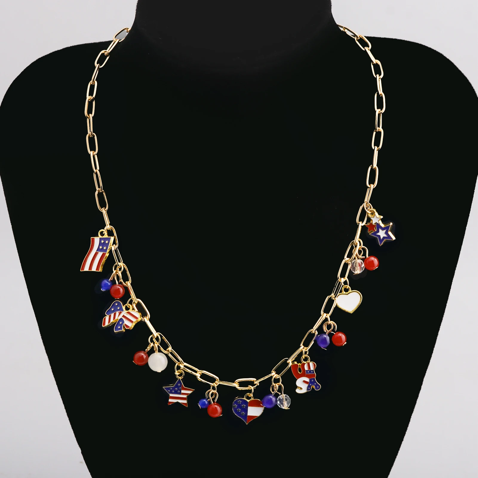 3Pcs Jewelry Set USA Flag Star Heart Charm Gold Necklace Earrings Bracelet Independence Day Holiday Party Gift