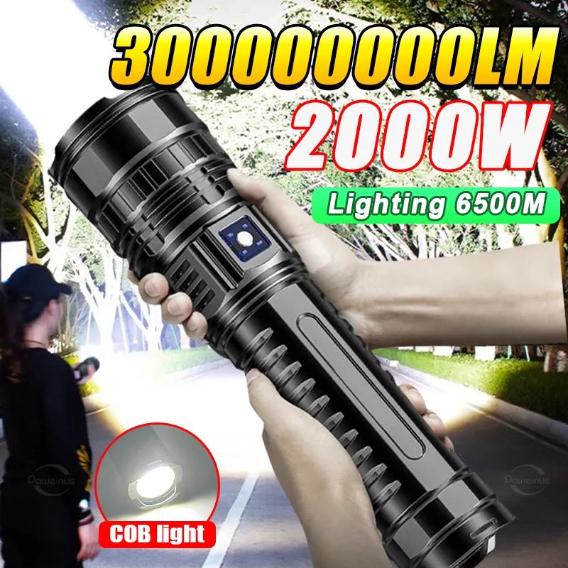 

Upgrade 2000W Ultra Powerful LED Flashlight Type C Rechargeable 15000mah Torch Light Long Range 6KM Tactical Flashlights Hunting