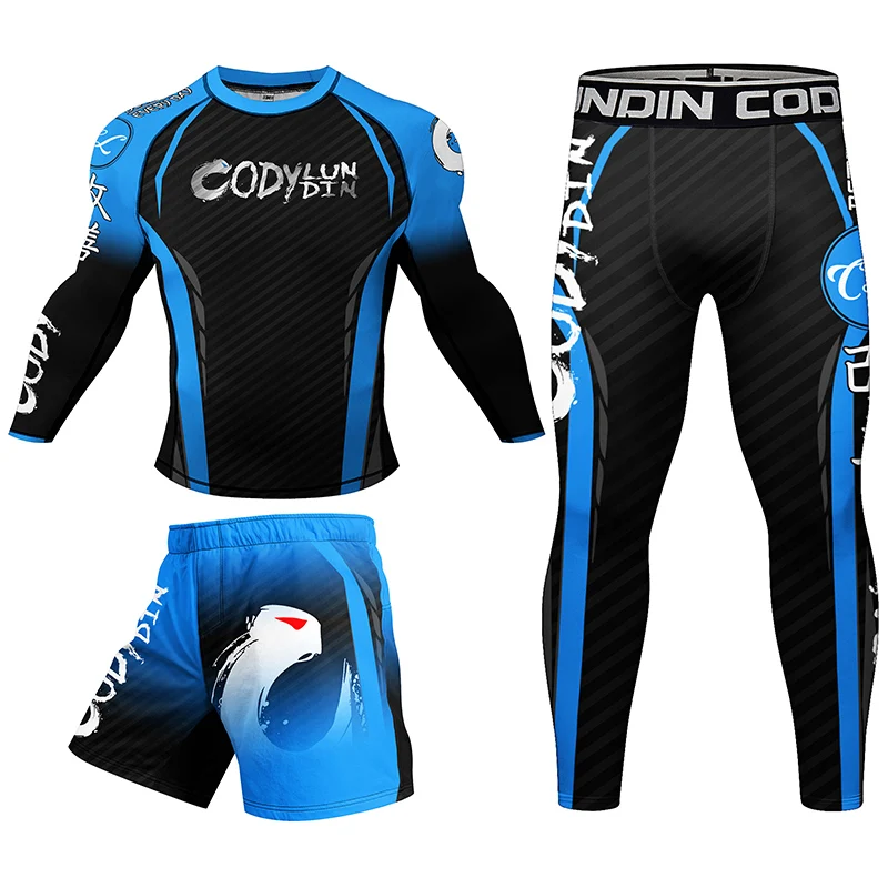 New design Men's Rash Guard T-shirts +Muay Thair Shorts anti-uv Rashguard Boxing Clothing Sets With Rubber Bottom Bjj Sportswear image 2