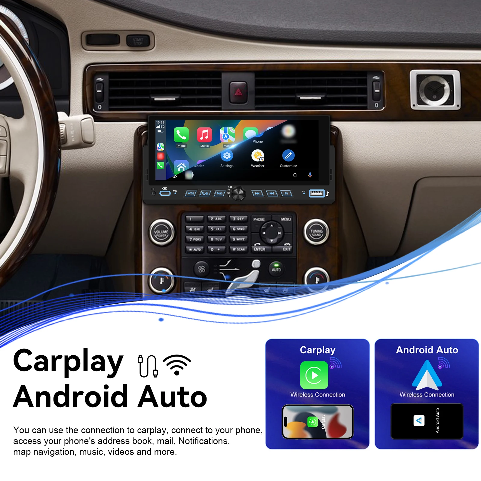 Podofo 'راديو السيارة 1Din مشغل MP5 لاسلكي Carplay أندرويد مشغل وسائط متعددة Type-C USB FM/RDS مرآة حبر ستيريو السيارة #3