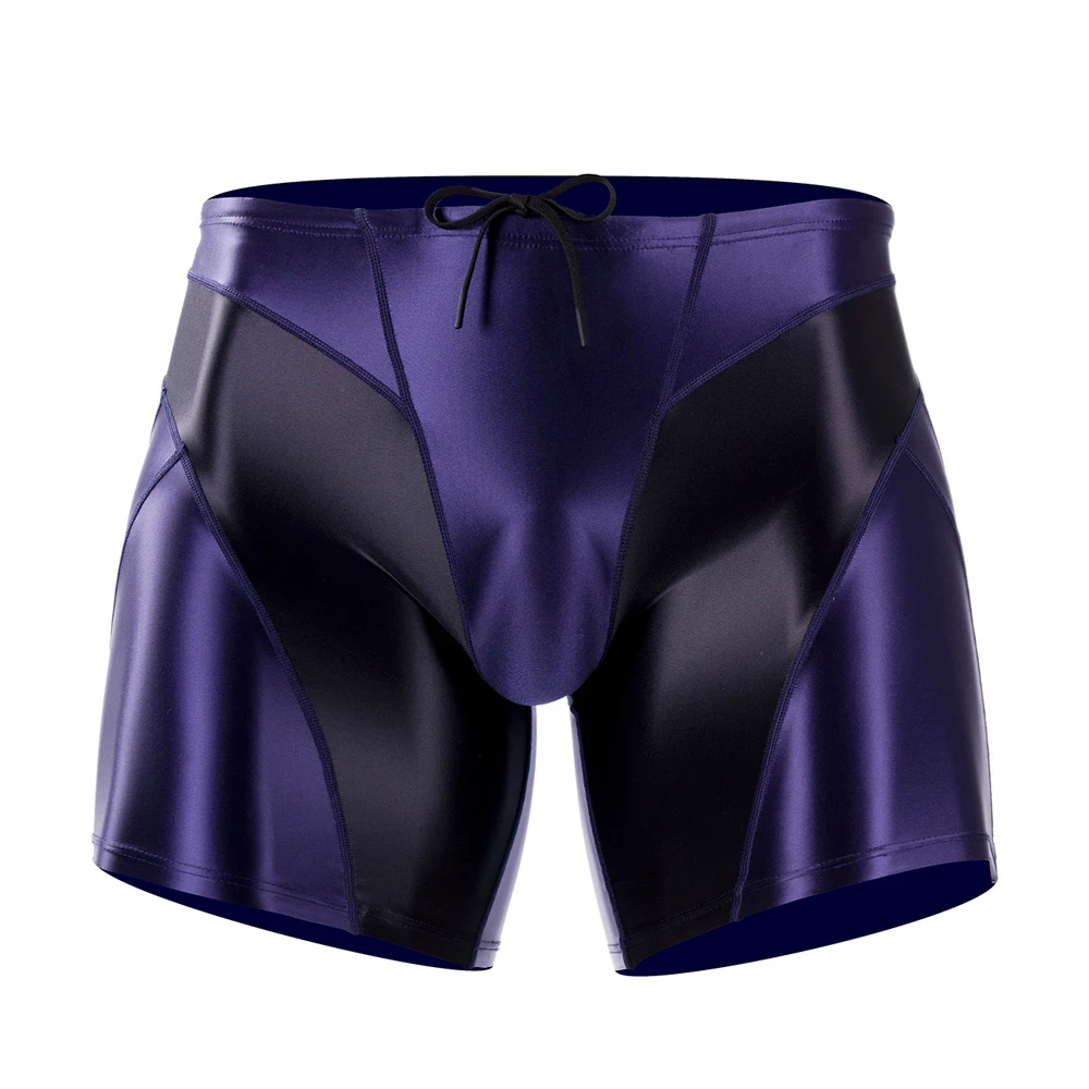 Men Smooth Glossy Satin Patchwork Shorts Quick-dry Sports Boxer Briefs High Elasticity Running Beach Five-point Swimming Trunks