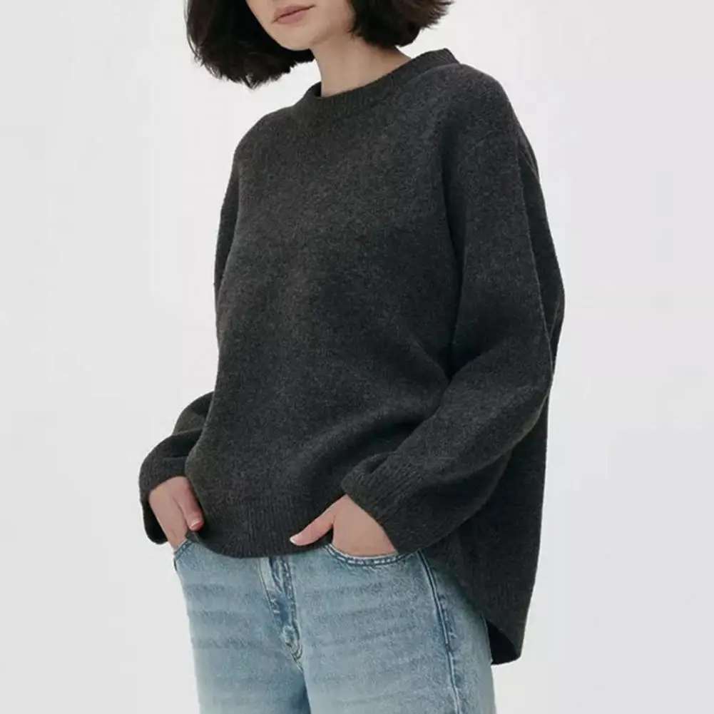 Casual Pullover Tops Cozy Round Neck Women's Sweater Solid Color Loose Fit Knit Top with Ribbed Trim Casual Pullover for Fall