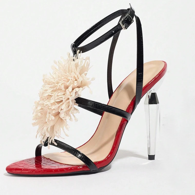 

Elegant Flower Decoration Sexy Sandals Woman Fashion Ankle Buckle Thin High Heels Cross Strap Stripper Dress Designer Shoes