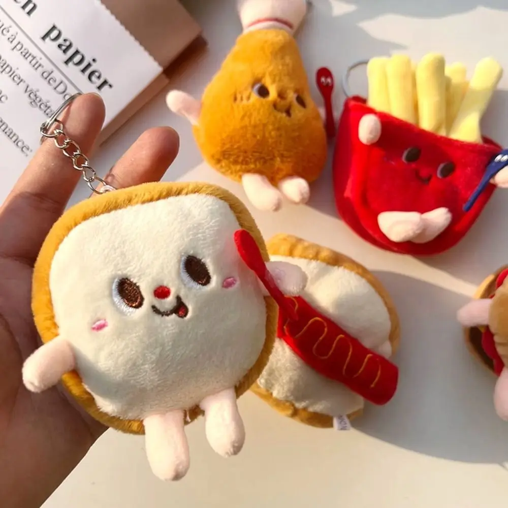 Boneka Hamburger gantungan kunci kaki ayam goreng, aksesori tas sekolah liontin boneka keju dengan gantungan kunci