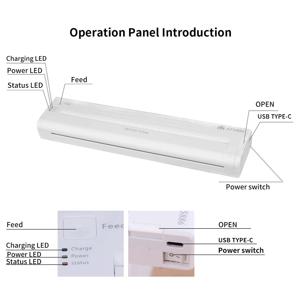 Transferência de tatuagem sem fio Bluetooth, Tattoo Stencil Printer, Impressora portátil Stencil, Tatuadores, Branco, ATS886, Novo