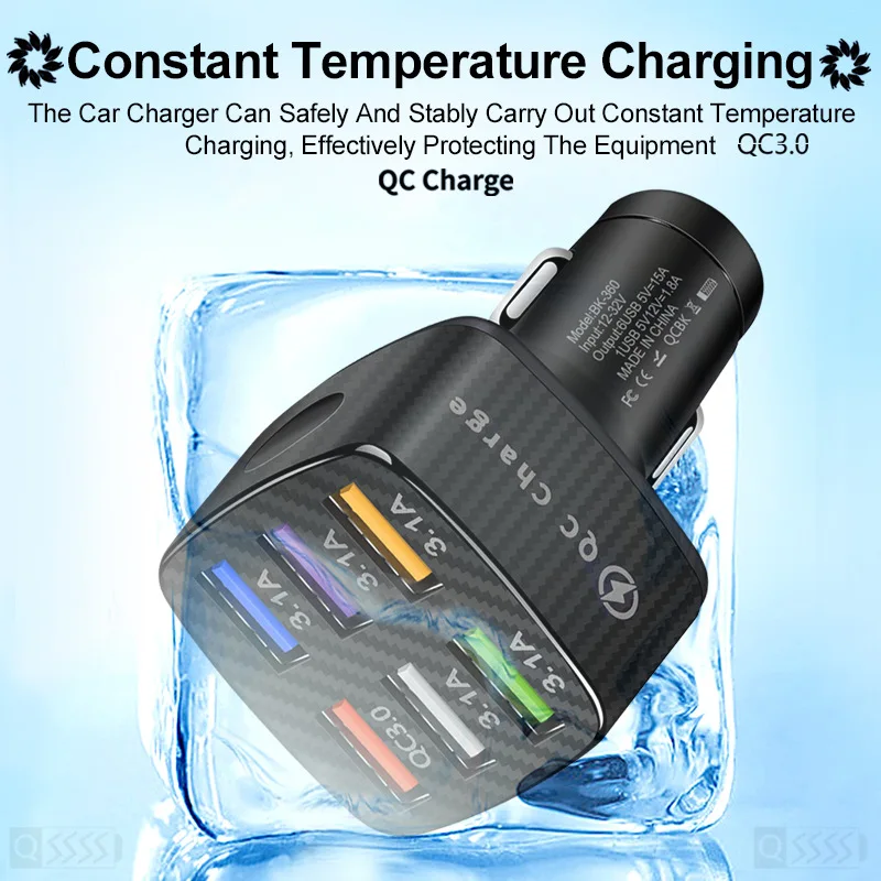 6 USB Car Charger 75W Fast Charging 12V/24V Phone Charger Adapter Car Cigarette Lighter Splitter For iPhone 13 14 Xiaomi Huawei