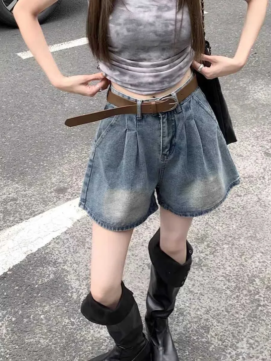 High Waist Pleated Loose Women's Jeans Summer New Style Small Size Korean Version Washed Wide Leg Short Pants Trendy