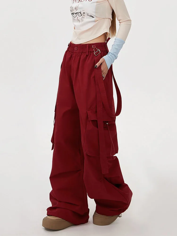 Streetwear Cargo Pants Women Vintage Pockets Bandage Hip Hop Two Way Overalls Loose Casual Y2K Hottie Retro Wide Leg Trouser New