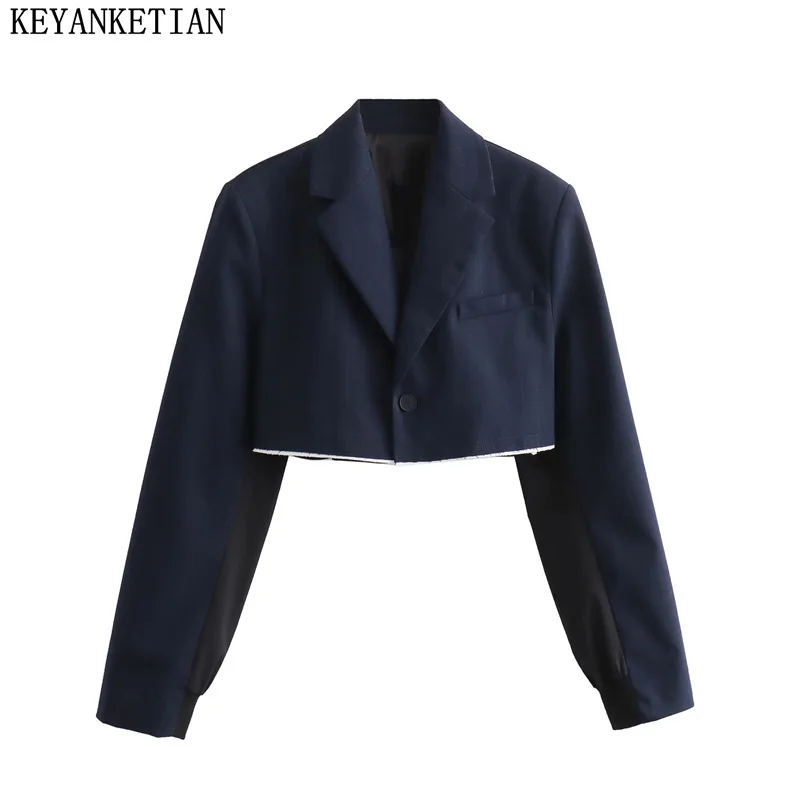 KEYANKETIAN-traje de rayas recortado para mujer, Chaqueta corta con cuello con muescas y un botón, estilo de calle, otoño