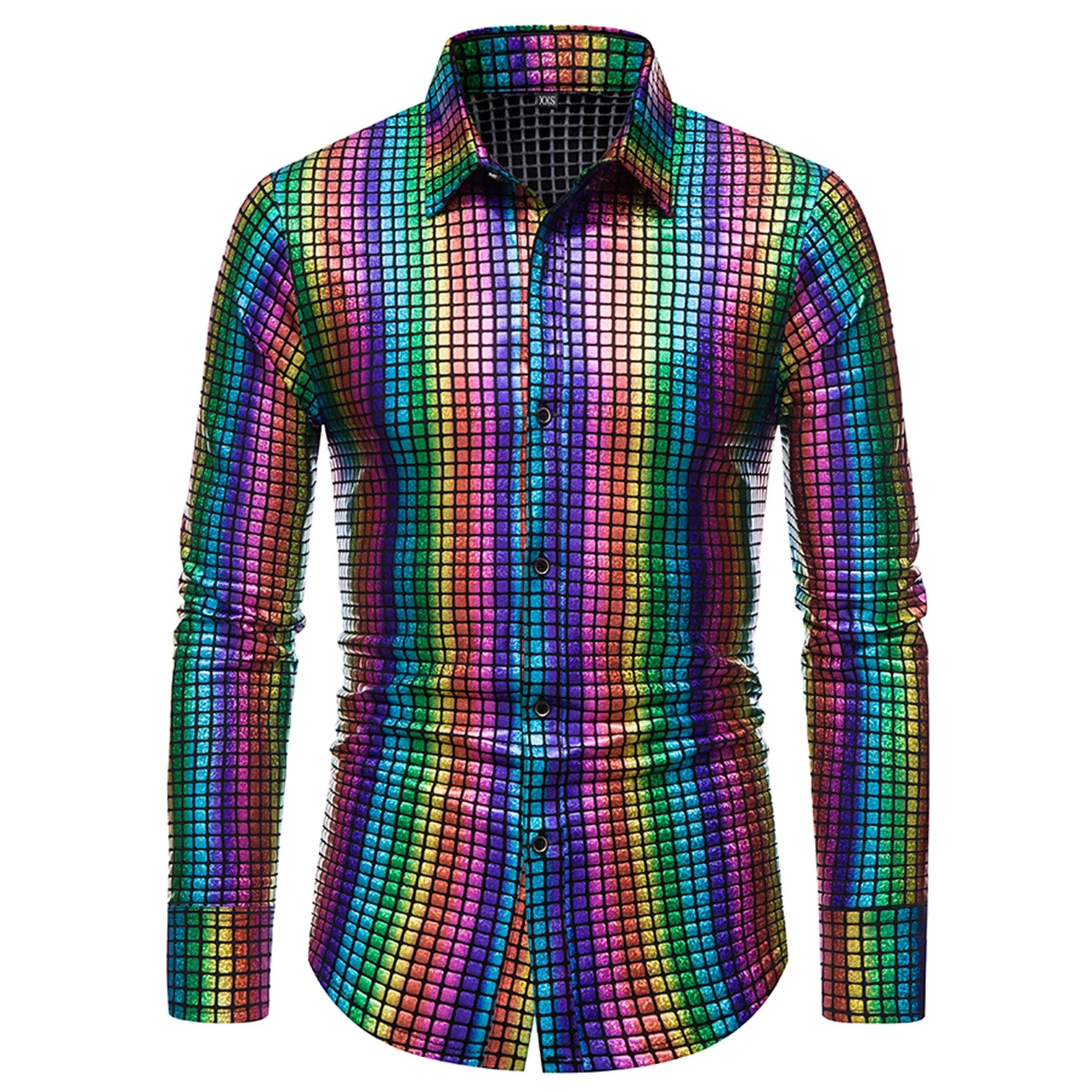 Mens laser Shirts Sequins shirt 70s Disco Party Tops Gold Silver Plaid Blouses Rainbow Print Long Sleeve lapel camisas de hombre