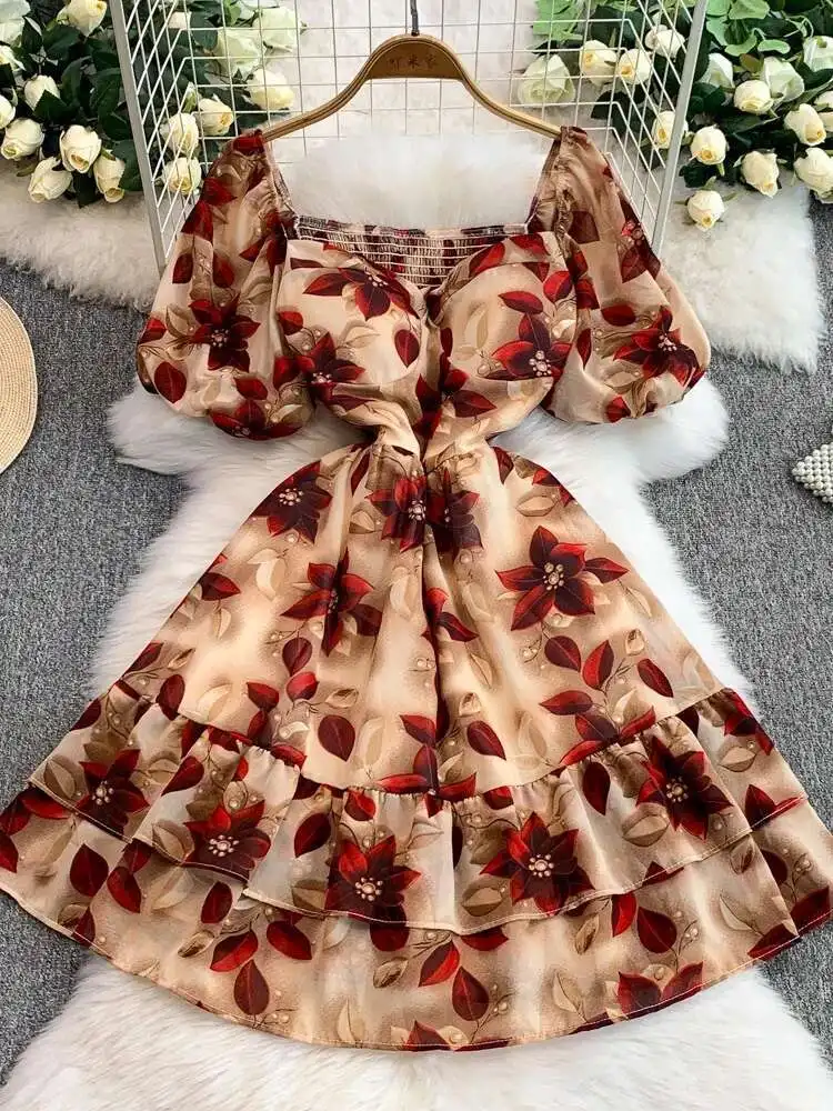 Vestido curto vintage francês feminino, estampa rosa, gravata quadrada, almofada no peito, vestidos de praia, verão, em camadas, robe curto