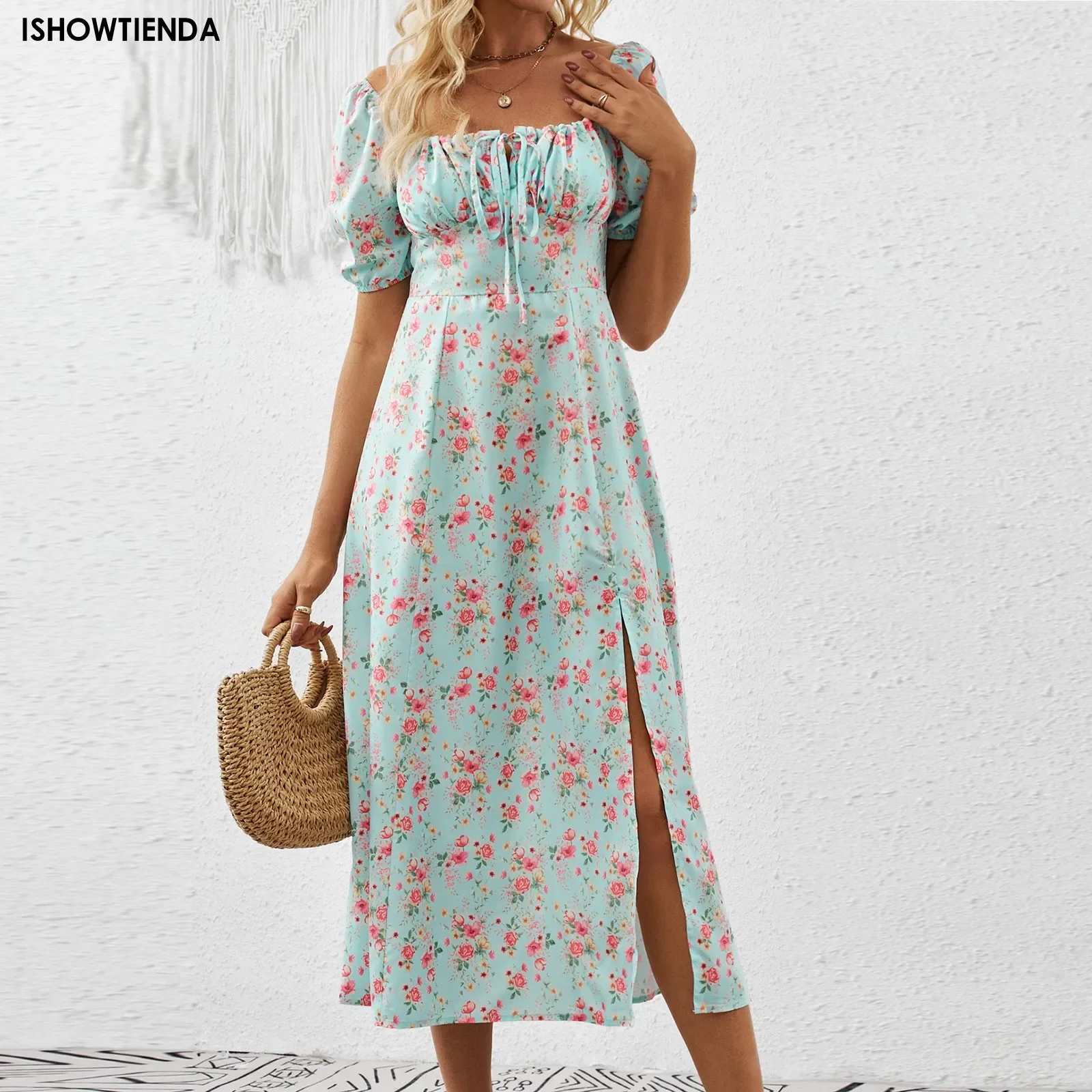 Summer Beach Vacation Split Sexy Square Neck Dresses Bubble Sleeves Elegant Floral Dress For Women Boho Sundress Polka Dresses