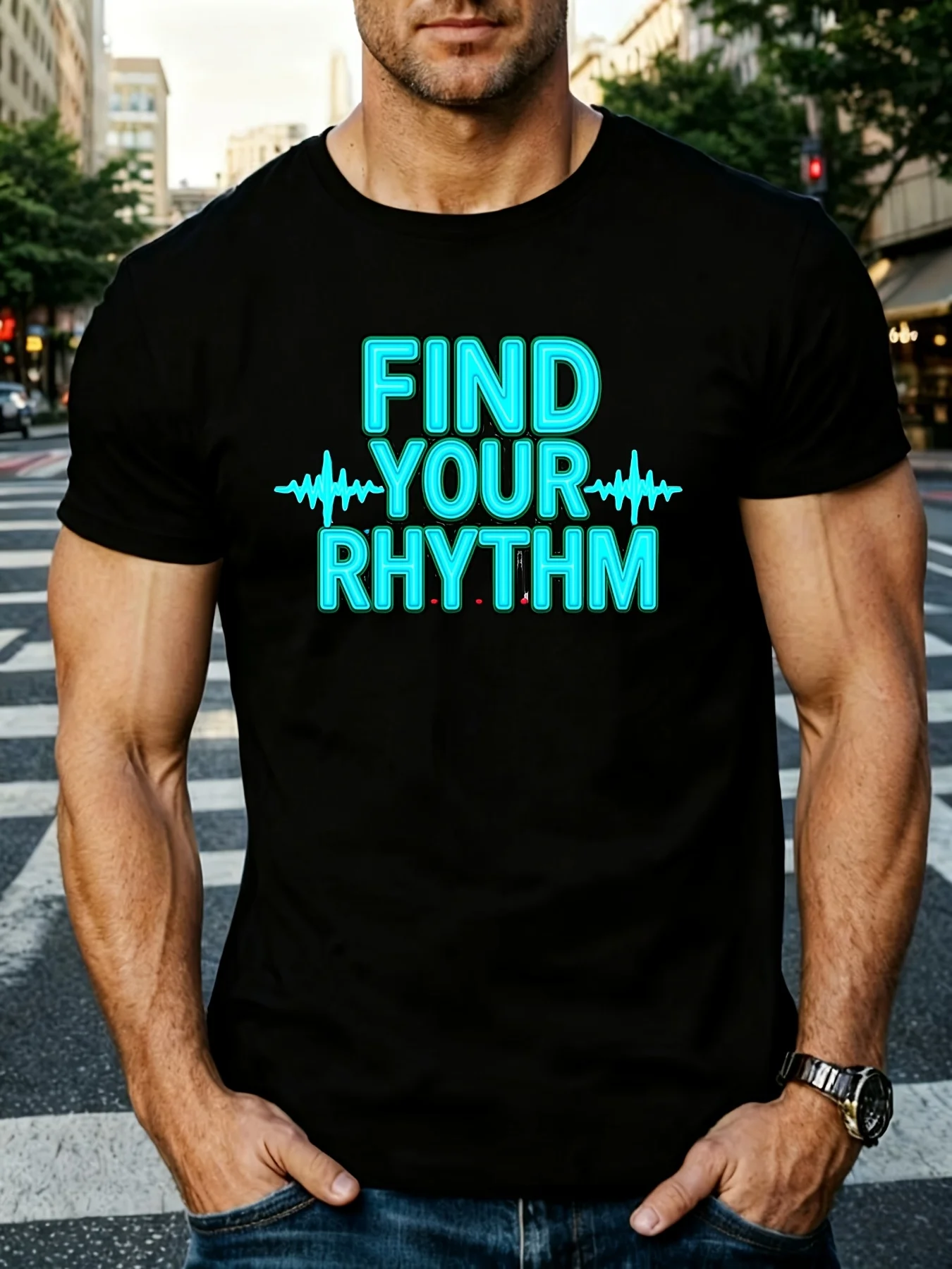 Graphic Style Men's T-Shirt, Find Your Rhythm Audio Mix Sound Wave Design, Music Festival Summer Concert, Dj Producer Musician Gift Retro Casual Crew Neck Printed T-Shirt