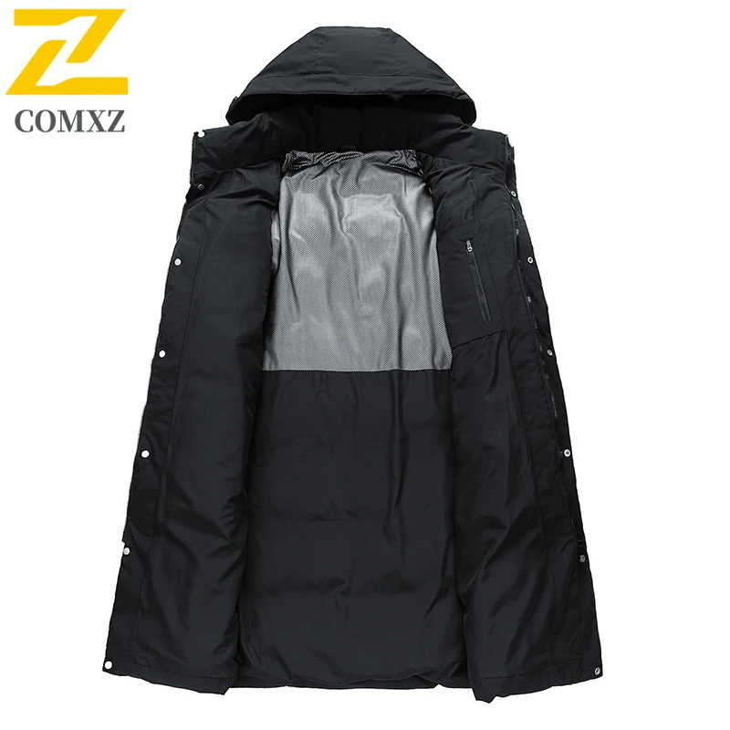 COMXZ Men Long Down Jacket Fashion Hooded Outdoor Mountaineering Windproof Warm Parka Casual Travel Lightweight Padded Jacket