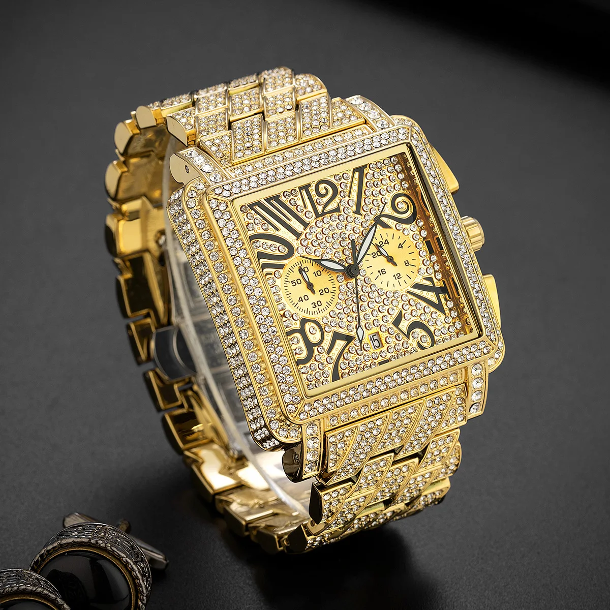 นาฬิกาข้อมือผู้ชายคุณภาพสูง รุ่นหรูหรา ประดับเพชรเต็มหน้าปัด ตัวเรือนทอง ขนาดใหญ่ พร้อมฟังก์ชั่นโครโนกราฟ แสดงวันที่ นาฬิกาควอตซ์ผู้ชาย มี 3 สี
