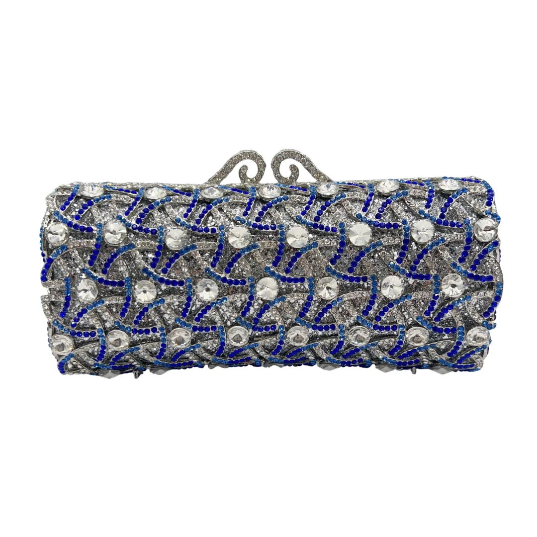 

Silver-Blue Cylinder Clutch, Metallic Gradient Evening Bag for Women. OEM Custom Modern Purse, Low MOQ Wholesale from Factory Di
