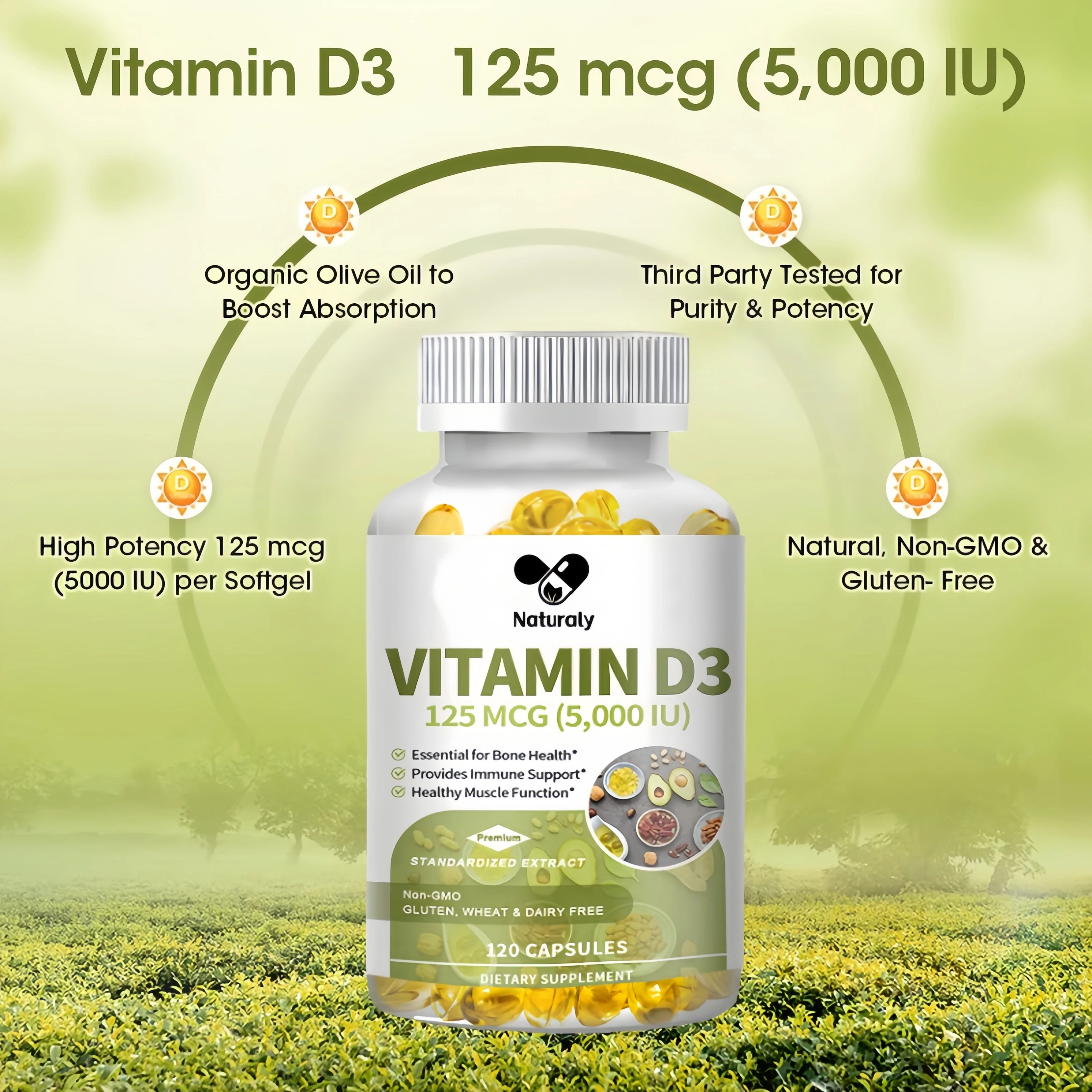 Vitamin D3 5000 IU 125 mcg Vitamin D3 Capsules Healthy Muscle Function Helps Support Immune Health Strong Bones Teeth