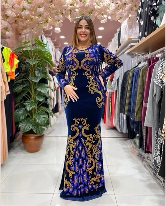 2024 New Muslim Velvet Maxi Dress Cocktail Party Evening Elegant Round Neck Velvet Formal Dress Long Sleeve Maxi Dress Clothing